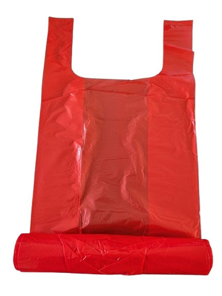 Gut sichtbare, rote LDPE-Industrie-T-Shirt-Einlagen, 60 l, 0,172 €/Stück, 4,29 €/Rolle